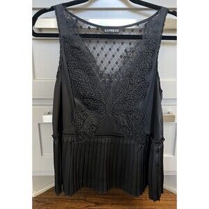 Express Women’s Black Blouse Size S Sheer Pleated Cocktail Party Lace Silky EUC